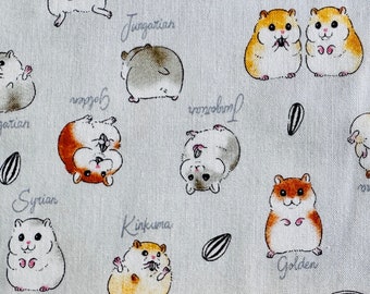 Hamsters Fabric "Hamster Carnival Time”,  Animal Life Style Collection Imported from Japan, 100% Cotton Sheeting on Gray, 44”, Half Yard