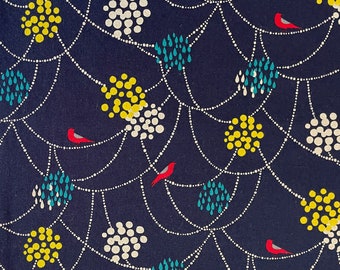 Echino fabric “Bird to Hang” Standard Collection by Etsuko Furuya for Kokka of Japan, Navy background, Cotton/Linen Canvas, 43", Half Yard