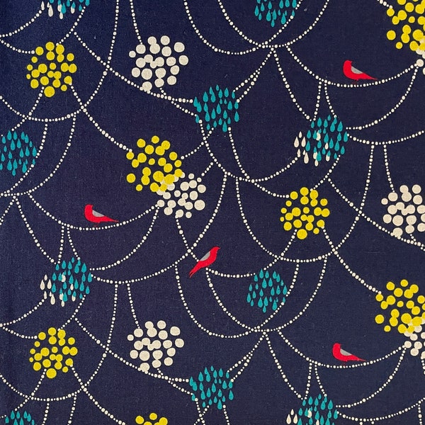 Echino fabric “Bird to Hang” Standard Collection by Etsuko Furuya for Kokka of Japan, Navy background, Cotton/Linen Canvas, 43", Half Yard