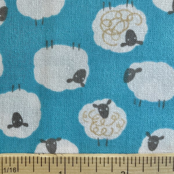 Sheep Little Bo Peep fabric, Imported from Japan, 100% Cotton Sheeting, White Sheep on Turquoise blue background, 44”, Half Yard