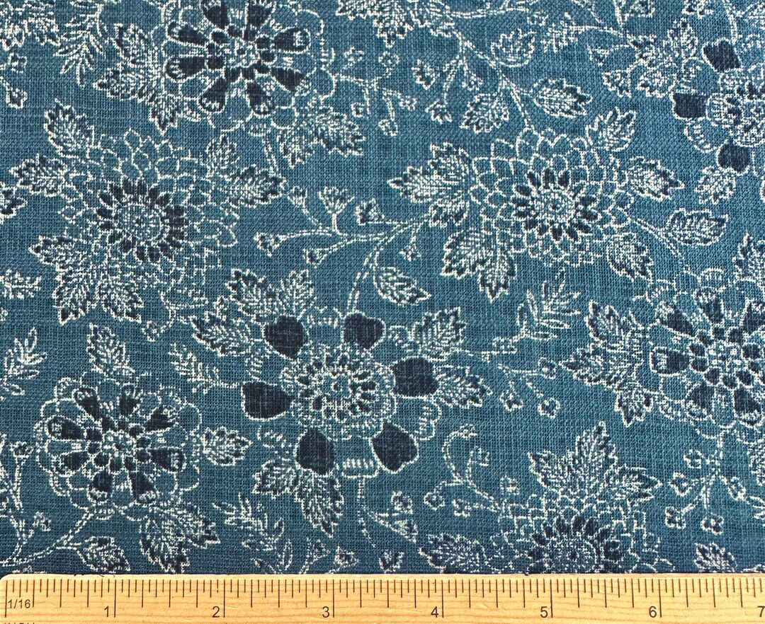 Nara Homespun Traditional Japanese Wagara Floral Garden on Dusty Blue