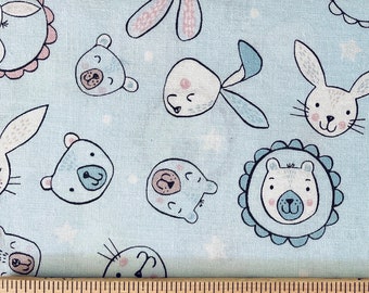 Bella Bunny and Bear “Faces” fabric on pale blue, by Lewis and Irene Fabrics, 100% Cotton, 44", half yard and one yard precuts only