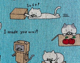 Cat Fabric, Cotton Linen Canvas Blend, in Natural, "Neko" Cat in a box by Kobayashi Fabrics Japanese Import, 44", Half Yard