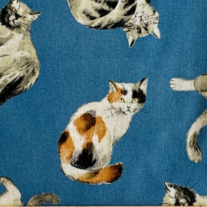Multi Cat Fabric "Feral Meow", Drawing Pencil Collection, Imported from Japan, 100% Cotton Sheeting on Blue background, 44”, Half Yard