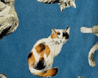 Multi Cat Fabric "Feral Meow", Drawing Pencil Collection, Imported from Japan, 100% Cotton Sheeting on Blue background, 44”, Half Yard