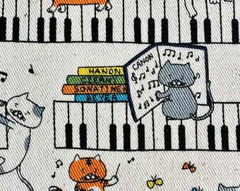 NEW! Piano Cat fabric, "Musical Cat", 100% Cotton Canvas Twill by Kobayashi of Japan, natural background, 44/45”, half yard