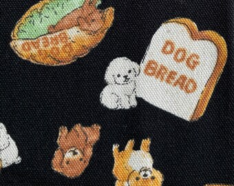 Dog "I'm Dog Bread" Fabric, black background by Kokka Fabrics from Japan, 44", 100% Oxford Cotton, Half Yard