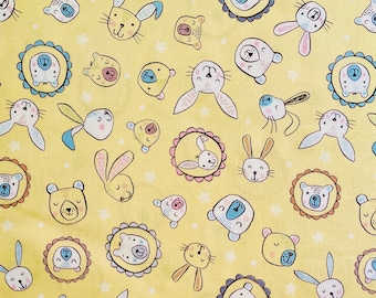 Bella Bunny and Bear “Faces” fabric on soft yellow, by Lewis and Irene Fabrics, 100% Cotton, 44", half yard and one yard precuts only