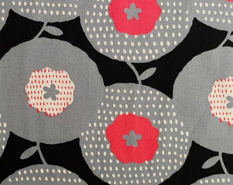 Scandinavian Style Floral, 100% Cotton Twill by Kobayashi from Japan, gray/red floral on black background, 44/45”, half yard