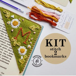 Colorful floral felt corner bookmark with hand embroidered personalised letter as a DIY kit with stitching materials; gift to book lover and avid reader; romantic summer page holder easy needle craft stitched on a moss green felt; made by human