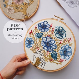 Digital hand embroidery pattern with instructions: Cornflower bouquet  / Floral PDF needlework design / Instant download hoop art DIY