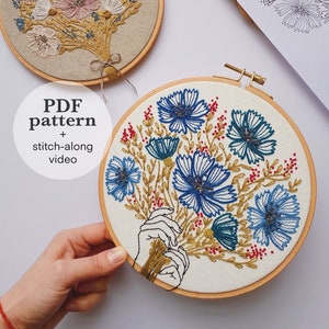 Cornflower bouquet hand embroidery pattern / Floral digital PDF needlework design / Instant download colorful hoop art DIY