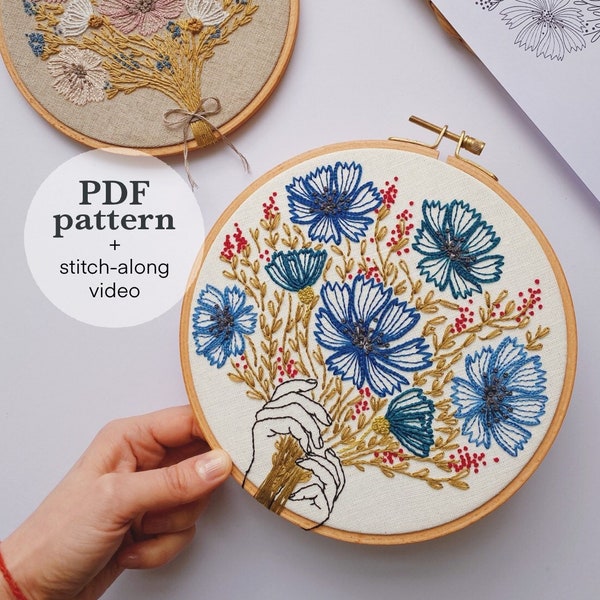 Cornflower bouquet hand embroidery pattern / Floral digital PDF needlework design / Instant download colorful hoop art DIY