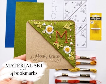 Material bundle to make 4 hand embroidered corner bookmarks / DIY easy custom letter felt page holder