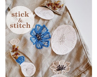 Stick and stitch hand embroidery pattern 16 pcs set: Cornflower  bundle / water soluble stabilizer needlework designs