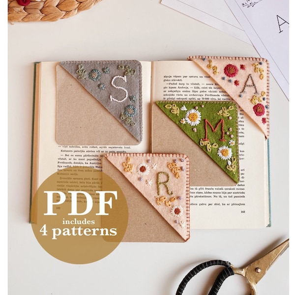 PDF-patroon voor gepersonaliseerde handgeborduurde hoekbladwijzer / digitale aangepaste letterbladwijzer / DIY handgestikte viltpaginahouder