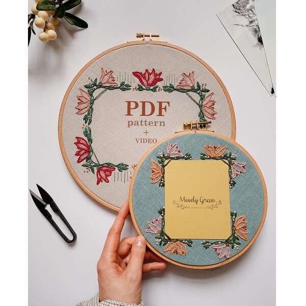 Photo frame hand embroidery pattern: Wild Lilies / Polaroid or 4x6 size / Instant download instructions with video / DIY Floral hoop art
