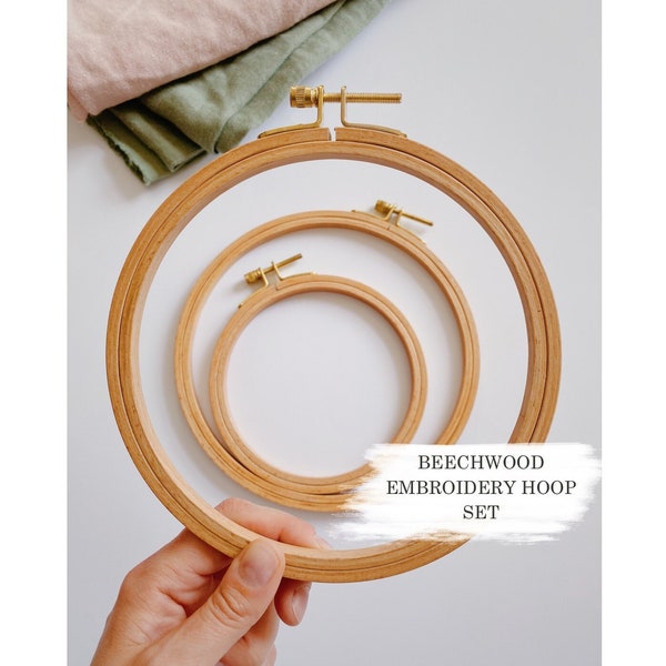 Beechwood hand embroidery hoop set 5”, 6”, 7” with golden screw / Wooden needlework frame bundle
