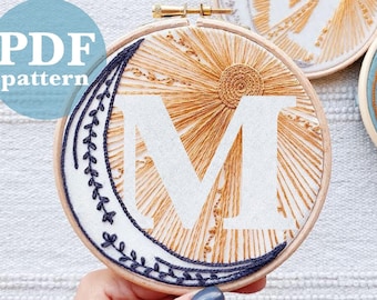 Celestial Design Letter "M"  Hand Embroidery Pattern / Digital PDF Download / Instant Download Initial Hand Embroidery/Detailed DIY Hoop Art