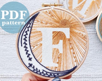 Celestial Design Letter "F"  Hand Embroidery Pattern / Digital PDF Download / Instant Download Initial Hand Embroidery/Detailed DIY Hoop Art