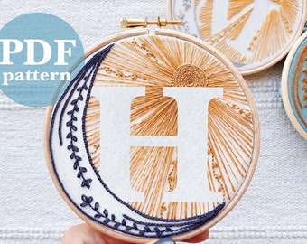 Celestial Design Letter "H"  Hand Embroidery Pattern / Digital PDF Download / Instant Download Initial Hand Embroidery/Detailed DIY Hoop Art