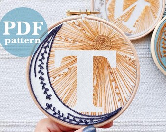 Celestial Design Letter "T"  Hand Embroidery Pattern / Digital PDF Download / Instant Download Initial Hand Embroidery/Detailed DIY Hoop Art