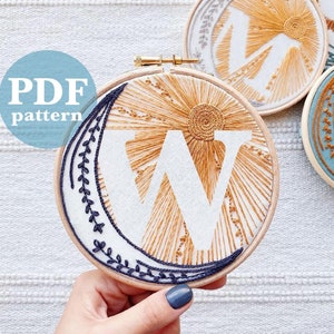 Celestial Design Letter "W"  Hand Embroidery Pattern / Digital PDF Download / Instant Download Initial Hand Embroidery/Detailed DIY Hoop Art