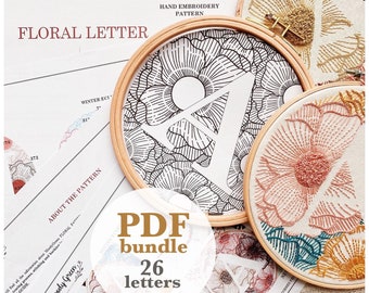Floral Letter Hand Embroidery Pattern Bundle: DIY Alphabet with Video (Digital PDF)
