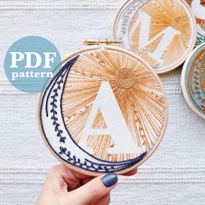 Celestial Design Letter "A"  Hand Embroidery Pattern / Digital PDF Download / Instant Download Initial Hand Embroidery/Detailed DIY Hoop Art