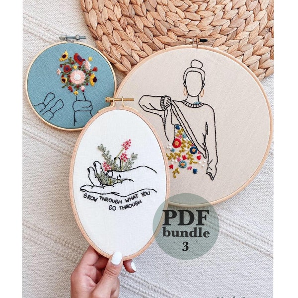 PDF Bundle Floral Lady, Flower Bouquet and Grow Through Hand Embroidery Pattern / Easy Digital Download / Instant Download Hand Embroidery