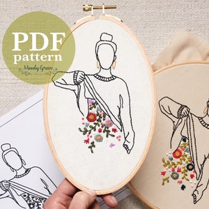 Floral Lady Hand Embroidery Pattern / Easy Digital PDF Download / Instant Download Floral Hand Embroidery / Beginner Hoop Art DIY Colorful