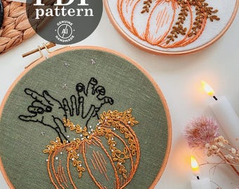 Handful Pumpkin Embroidery Pattern: Halloween Pun DIY Decor (Digital PDF)