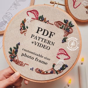 Autumn Mushrooms Embroidery Pattern: Photo Frame Hand Stitch (PDF Download)