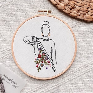 Floral Lady Hand Embroidery Hoop: Modern Needle Art Wall Decor