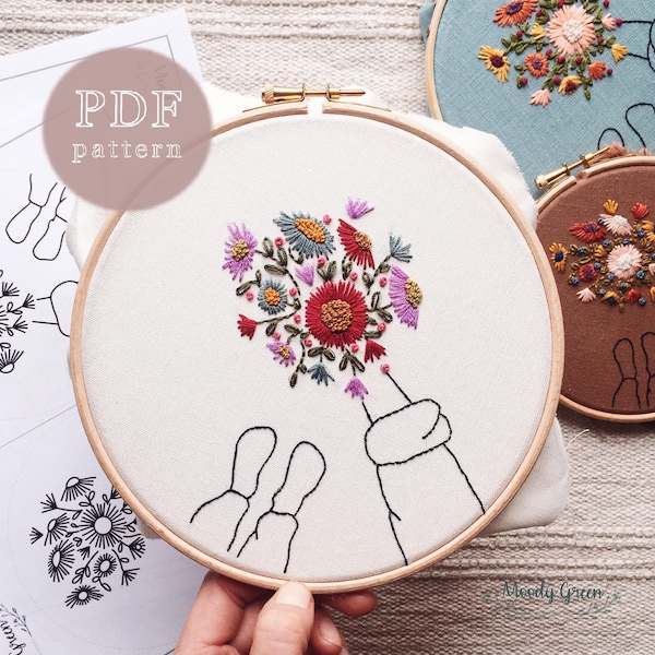 Flower Bouquet Hand Embroidery Pattern / Easy Digital PDF Download / Instant Download Floral Hand Embroidery / Beginner Hoop Art DIY Simple