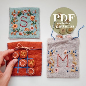 Tres en raya: Patrón en PDF para bolsa de juego personalizada bordada a mano / Bolsa digital con letras florales / Juego de regalo DIY de tres en raya de fieltro