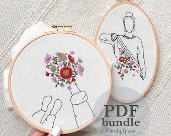 PDF Bundle Floral Lady and Flower Bouquet Hand Embroidery Pattern / Easy Digital Download / Instant Download Hand Embroidery / Beginner DIY