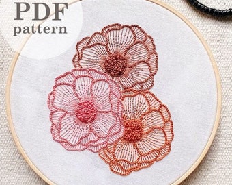 Hand Embroidery Pattern: Trio of Blooms Colorful Detailed Flowers / Instant Digital PDF Download / Meditative Hoop Art