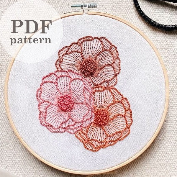 Hand Embroidery Pattern: Trio of Blooms Colorful Detailed Flowers / Instant Digital PDF Download / Meditative Hoop Art