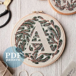 Easy Hand Embroidery Pattern: Letter "A" Winter Forest Design / Digital PDF Download  /Simple DIY Monogram / Christmas Botanical Hoop Art