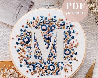 Letter M Tiny Flowerl Hand Embroidery Pattern: DIY Hoop Art with VIDEO (PDF Download)