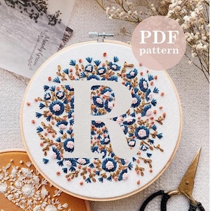 Letter R Tiny Flower Hand Embroidery Pattern: DIY Hoop Art with VIDEO (PDF Download)