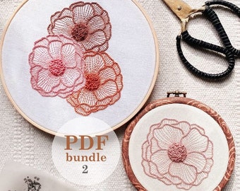 PDF bundle: Blooming Flower and Trio of Blooms hand embroidery pattern / Instant Digital PDF Download / Easy DIY Beginner Hoop Art