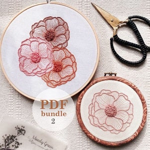 PDF bundle: Blooming Flower and Trio of Blooms hand embroidery pattern / Instant Digital PDF Download / Easy DIY Beginner Hoop Art