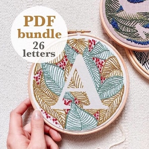 Paquete de alfabeto con diseño botánico, patrón de bordado a mano / paquete de letras en formato PDF digital, fácil de coser