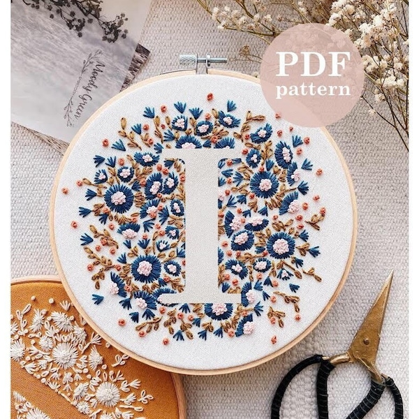 Tiny Flower Letter "I"  Hand Embroidery Pattern / Digital PDF Download / Instant Download Floral Hand Embroidery /Detailed DIY Hoop Art