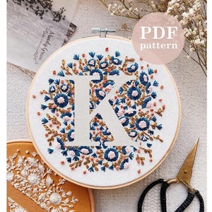 Tiny Flower Letter "K"  Hand Embroidery Pattern / Digital PDF Download / Instant Download Floral Hand Embroidery /Detailed DIY Hoop Art