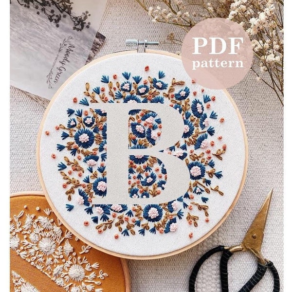 Tiny Flower Letter "B"  Hand Embroidery Pattern / Digital PDF Download / Instant Download Floral Hand Embroidery /Detailed DIY Hoop Art