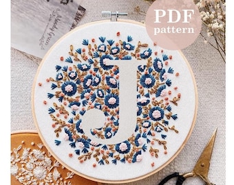 Tiny Flower Letter "J"  Hand Embroidery Pattern / Digital PDF Download / Instant Download Floral Hand Embroidery /Detailed DIY Hoop Art