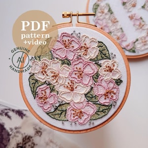 Apfelblüte, Handstickerei, Stickmuster: DIY Hoop Art (PDF Download) mit Video